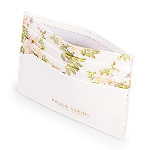 PAULO SERINI® Kartenetui Damen | Card Holder Kartenhalter Frauen mit 6 Kartenfächer & Fach für Geldscheine Münzen | Kreditkartenetui Geldbörse aus veganem Leder | Cloud White mit Flowerprint von PAULO SERINI