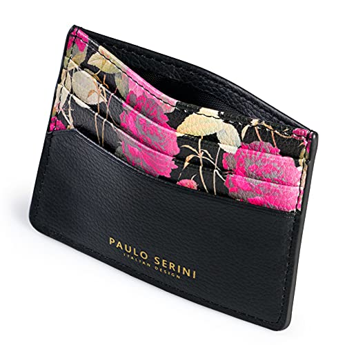 PAULO SERINI® Kartenetui Damen | Card Holder Kartenhalter Frauen mit 6 Kartenfächer & Fach für Geldscheine Münzen | Kreditkartenetui Geldbörse aus veganem Leder | Onyx Black mit Flowerprint von PAULO SERINI