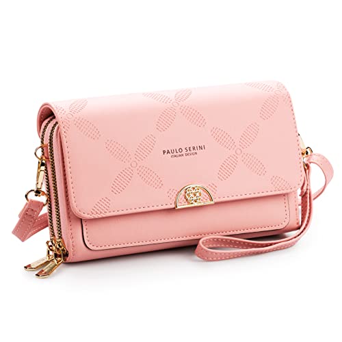 PAULO SERINI® Umhängetasche Damen | Handytasche zum Umhängen aus 100% veganem Leder | Handtasche kleiner Crossbody Bag mit 2 Fächern & Reißverschluss | Women Purse Blush Pink | rosa von PAULO SERINI