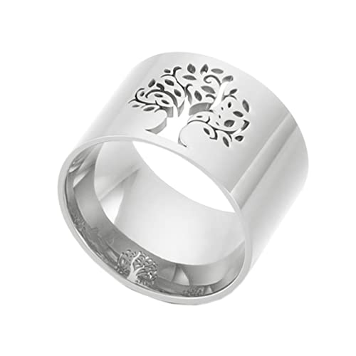 PAURO Damen Edelstahl 15MM Einfach Ring Retro Baum des Lebens Siegel Aushöhlen Design Silber Größe 68 (21.6) von PAURO