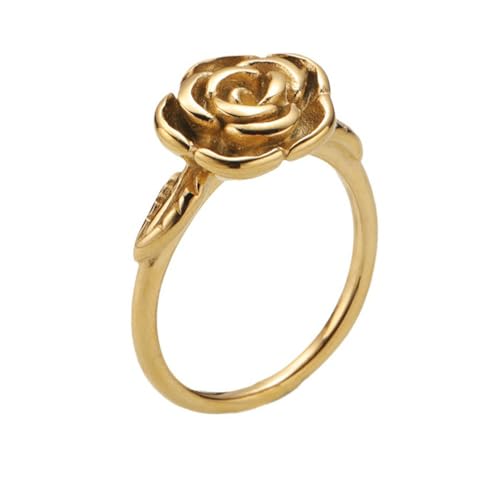 PAURO Damen Edelstahl Einfache Jahrgang Kreative Kamelie Blume Ring Gold Größe 54 (17.2) von PAURO