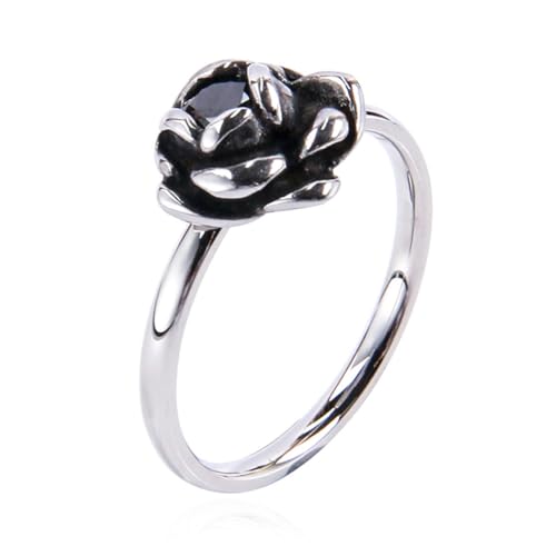 PAURO Damen Edelstahl Jahrgang Personalisierte Rosa Blume Edelstein Ring Silber mit Schwarzem CZ Größe 52 (16.6) von PAURO