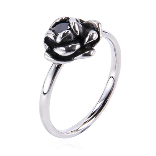 PAURO Damen Edelstahl Jahrgang Personalisierte Rosa Blume Edelstein Ring Silber mit Schwarzem CZ Größe 54 (17.2) von PAURO