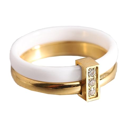 PAURO Damen Edelstahl Keramik Keramischer 6MM Hochglanzpolierter Ehering Gold Stapeln Ring Weiß Größe 60 (19.1) von PAURO