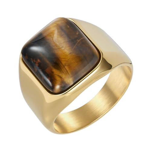 PAURO Damen Edelstahl Klassisch Personalisiert Glatte Oberfläche Quadratischer Brauner Edelstein Ring Gold Größe 57 (18.1) von PAURO