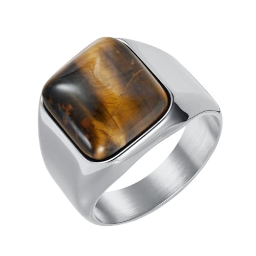 PAURO Damen Edelstahl Klassisch Personalisiert Glatte Oberfläche Quadratischer Brauner Edelstein Ring Silber Größe 60 (19.1) von PAURO