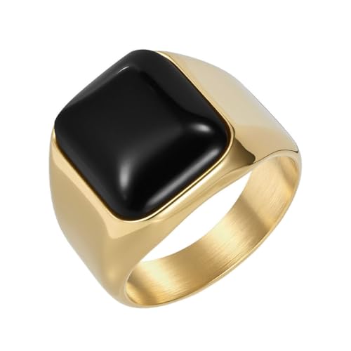 PAURO Damen Edelstahl Klassisch Personalisiert Glatte Oberfläche Quadratischer Schwarz Edelstein Ring Gold Größe 54 (17.2) von PAURO