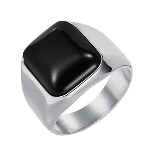 PAURO Damen Edelstahl Klassisch Personalisiert Glatte Oberfläche Quadratischer Schwarz Edelstein Ring Silber Größe 70 (22.3) von PAURO