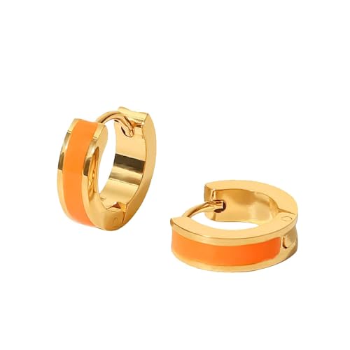 PAURO Damen Edelstahl Minimalistische vergoldete Creolen Emaille Huggie Ohrringe Orange von PAURO