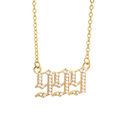 PAURO Damen Edelstahl Nummer Charme Anhänger Halskette Cubic Zirkonia Collarbone Kette Gold 999 von PAURO