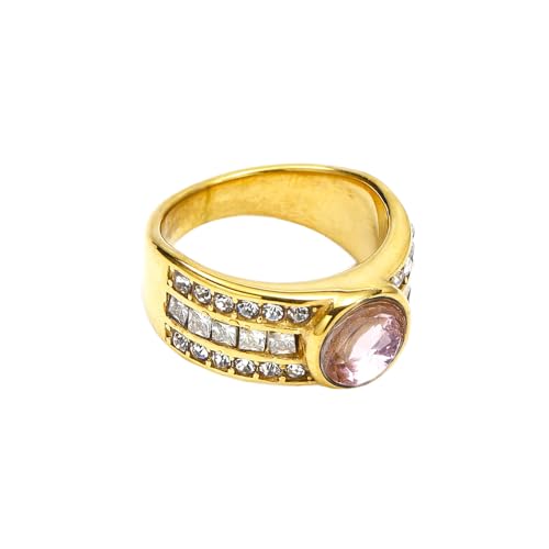 PAURO Damen Edelstahl Runder Edelstein Ring Gold plattiert CZ Micro Pave Ring Rosa Größe 52 (16.6) von PAURO