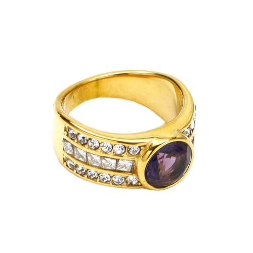 PAURO Damen Edelstahl Runder Edelstein Ring Gold plattiert CZ Micro Pave Ring Violett Größe 54 (17.2) von PAURO