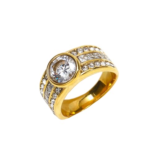 PAURO Damen Edelstahl Runder Edelstein Ring Gold plattiert CZ Micro Pave Ring Weiß Größe 54 (17.2) von PAURO