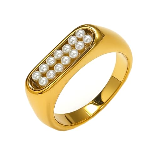 PAURO Damen Edelstahl Trendy Temperament Persönlichkeit Exquisite Simulation Perle Ring Gold Größe 57 (18.1) von PAURO