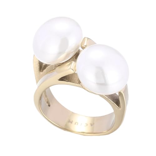 PAURO Damen Edelstahl Übertriebener Personalisierter Jahrgang Ring mit Zwei Perlen Gold Größe 60 (19.1) von PAURO