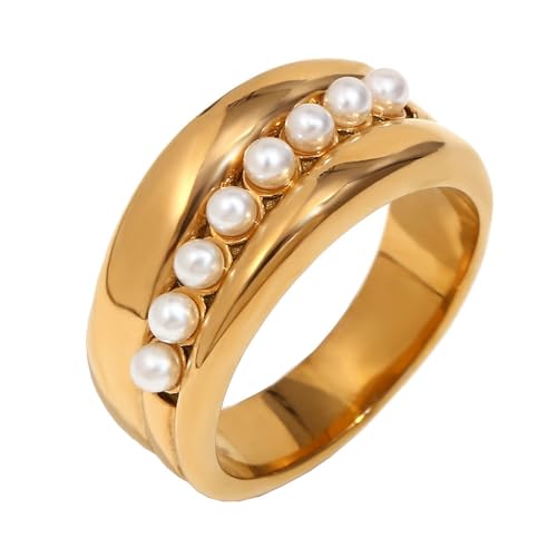 PAURO Damen Edelstahl Zarte Nachahmung Perle Temperament Persönlichkeit Vintage Ring Gold Größe 52 (16.6) von PAURO