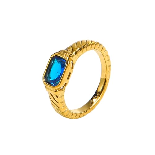 PAURO Damen Edelstahl Zierliche kleine quadratische CZ Hochzeit Band Ring stapelbar Gold Hellblau Größe 54 (17.2) von PAURO