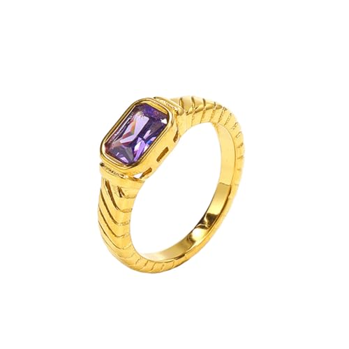 PAURO Damen Edelstahl Zierliche kleine quadratische CZ Hochzeit Band Ring stapelbar Gold Violett Größe 52 (16.6) von PAURO