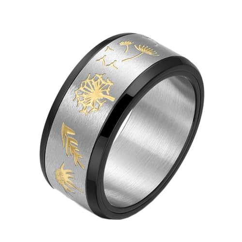 PAURO Damen Herren Edelstahl 10MM Personalisierte Löwenzahn Drehbaren Ring Schwarz Größe 57 (18.1) von PAURO