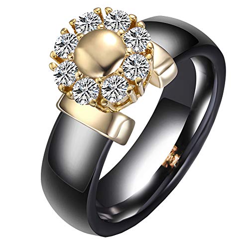 PAURO Damen Keramik Blume Rund Zirkonia Inlay Hochzeit Verlobungsring Schwarz Größe 60 (19.1) von PAURO