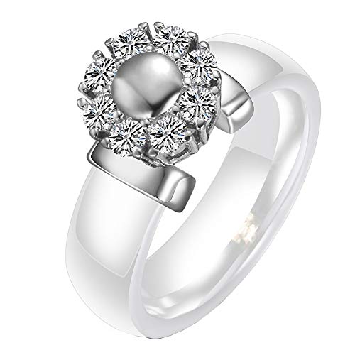 PAURO Damen Keramik Blume Rund Zirkonia Inlay Hochzeit Verlobungsring Weiß Größe 60 (19.1) von PAURO