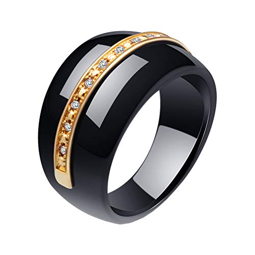 PAURO Damen Klassisch Ring Breit Engagement Versprechen Hochzeitsband Keramik Mikro Zirkonia Schwarz und Gold Größe 60 (19.1) von PAURO