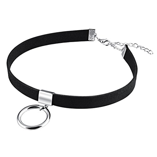 PAURO Damen Velvet Silber O Ring Charm Choker Halskette Classic Schwarz Ribbon Kragen von PAURO