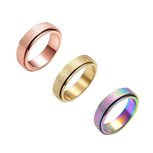 PAURO Damen & Herren 6 mm Edelstahl Roségold/Gold/Regenbogen Sandstrahl Finish Lucky Worry Ring Band 3 Stück Größe 60 (19.1) von PAURO