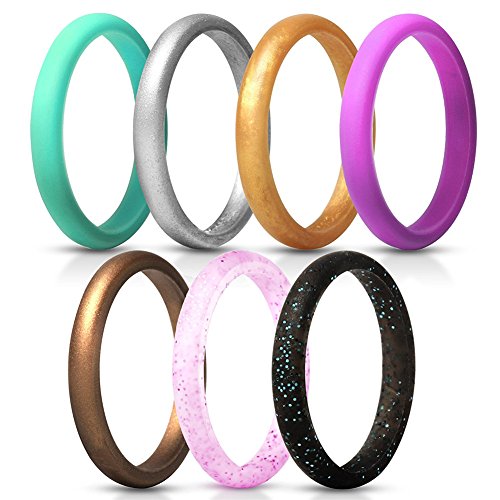 PAURO Dünn Und Stapelbar Perlglanz Glitter Silikon Ehering Ring Für Aktive Frauen Flexibel Sicher 2,7mm Gummibänder Sport Im Freien, 7 Pack Größe 57 von PAURO