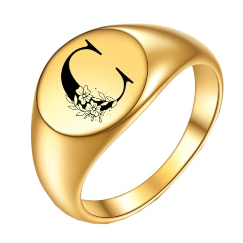 PAURO Edelstahl Kreativer Ring mit Ovaler Blume und den Anfangsbuchstaben A bis Z für Herren Damen Gold C Größe 50 (15.9) von PAURO
