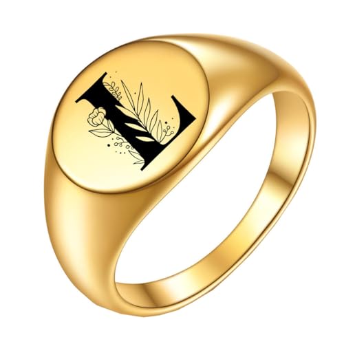 PAURO Edelstahl Kreativer Ring mit Ovaler Blume und den Anfangsbuchstaben A bis Z für Herren Damen Gold L Größe 52 (16.6) von PAURO