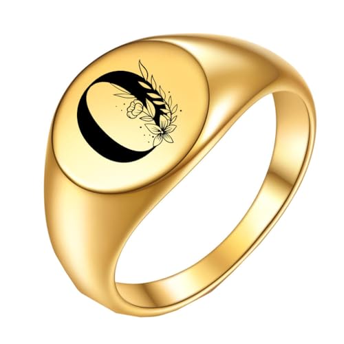 PAURO Edelstahl Kreativer Ring mit Ovaler Blume und den Anfangsbuchstaben A bis Z für Herren Damen Gold O Größe 57 (18.1) von PAURO