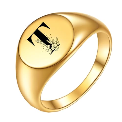 PAURO Edelstahl Kreativer Ring mit Ovaler Blume und den Anfangsbuchstaben A bis Z für Herren Damen Gold T Größe 68 (21.6) von PAURO