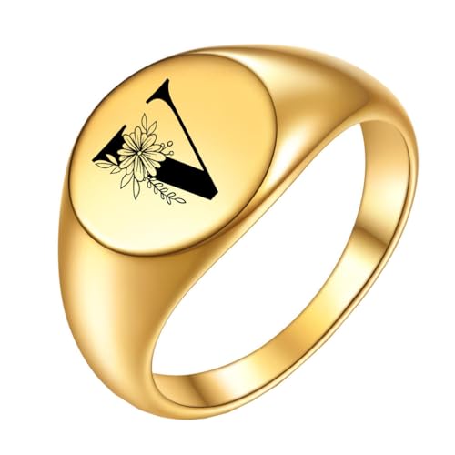 PAURO Edelstahl Kreativer Ring mit Ovaler Blume und den Anfangsbuchstaben A bis Z für Herren Damen Gold V Größe 52 (16.6) von PAURO