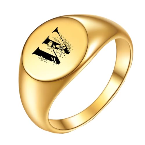 PAURO Edelstahl Kreativer Ring mit Ovaler Blume und den Anfangsbuchstaben A bis Z für Herren Damen Gold W Größe 57 (18.1) von PAURO