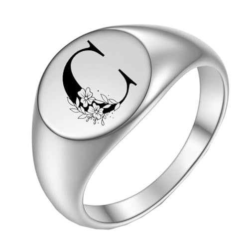 PAURO Edelstahl Personalisierte Oval Blume Initial Alphabet A bis Z Ring für Herren Damen Silber C Größe 54 (17.2) von PAURO