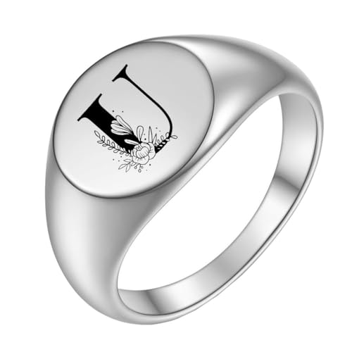 PAURO Edelstahl Personalisierte Oval Blume Initial Alphabet A bis Z Ring für Herren Damen Silber U Größe 65 (20.7) von PAURO