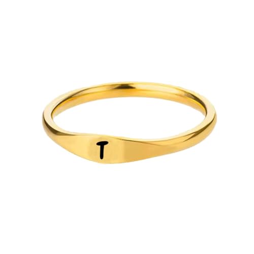 PAURO Edelstahl Trendiger Minimalistischer Alphabet Stapelung Initiale Siegelring für Herren Damen Gold T Größe 52 (16.6) von PAURO