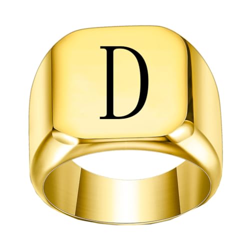 PAURO Edelstahl Trendiger Minimalistischer Quadratischer Alphabet Initialen Siegelring für Herren Damen Gold D Größe 65 (20.7) von PAURO