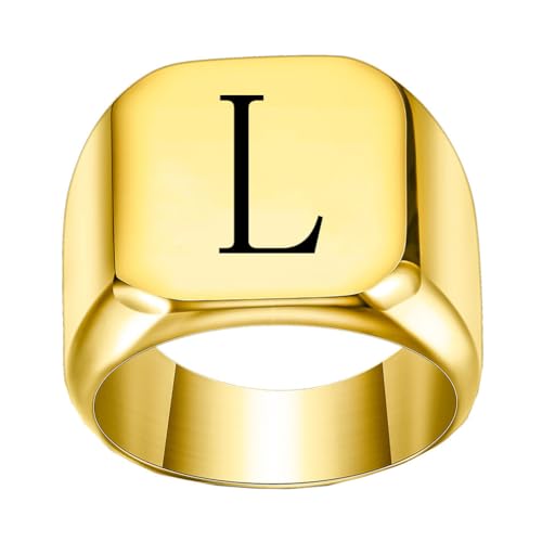 PAURO Edelstahl Trendiger Minimalistischer Quadratischer Alphabet Initialen Siegelring für Herren Damen Gold L Größe 60 (19.1) von PAURO