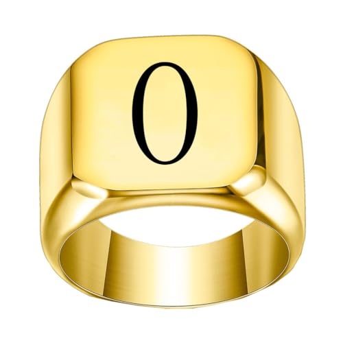 PAURO Edelstahl Trendiger Minimalistischer Quadratischer Alphabet Initialen Siegelring für Herren Damen Gold O Größe 52 (16.6) von PAURO