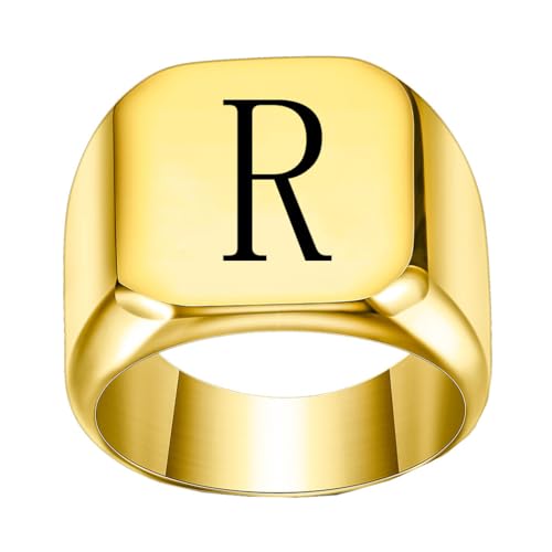 PAURO Edelstahl Trendiger Minimalistischer Quadratischer Alphabet Initialen Siegelring für Herren Damen Gold R Größe 60 (19.1) von PAURO