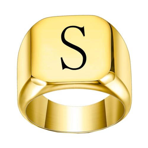 PAURO Edelstahl Trendiger Minimalistischer Quadratischer Alphabet Initialen Siegelring für Herren Damen Gold S Größe 50 (15.9) von PAURO