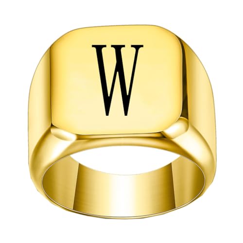 PAURO Edelstahl Trendiger Minimalistischer Quadratischer Alphabet Initialen Siegelring für Herren Damen Gold W Größe 52 (16.6) von PAURO