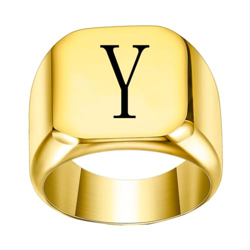 PAURO Edelstahl Trendiger Minimalistischer Quadratischer Alphabet Initialen Siegelring für Herren Damen Gold Y Größe 57 (18.1) von PAURO