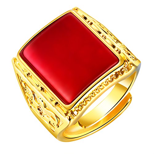 PAURO Herren 18K Gold Plated Vintage Red Rubin Achat Edelstein Ring, Verstellbar von PAURO