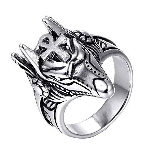 PAURO Herren Anubis Amulett Wolf Kopf Ring Aus Edelstahl Alten Ägyptischen Gott Mit Silber Ankh Kreuz Größe 62 von PAURO
