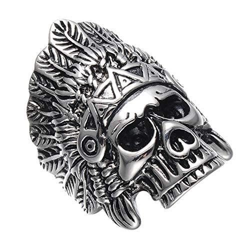PAURO Herren Biker Ring Edelstahl Retro Punk Rock Totenkopf Feder Indianer Häuptling Silber Größe 65 (20.7) von PAURO