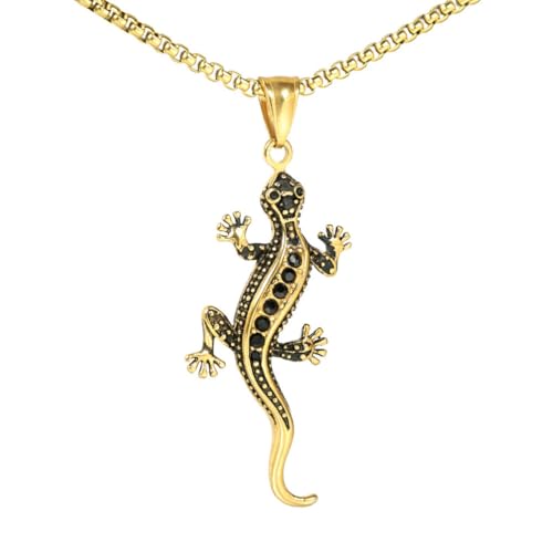PAURO Herren Damen Cubic Zirkonia Einlage Jahrgang Hip Hop Gecko Tier Anhänger Halskette Gold von PAURO