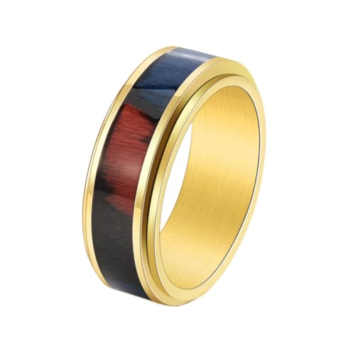 PAURO Herren Damen Edelstahl Emaille Jahrgang Holzmaserung Drehbarer Ring Gold Größe 57 (18.1) von PAURO